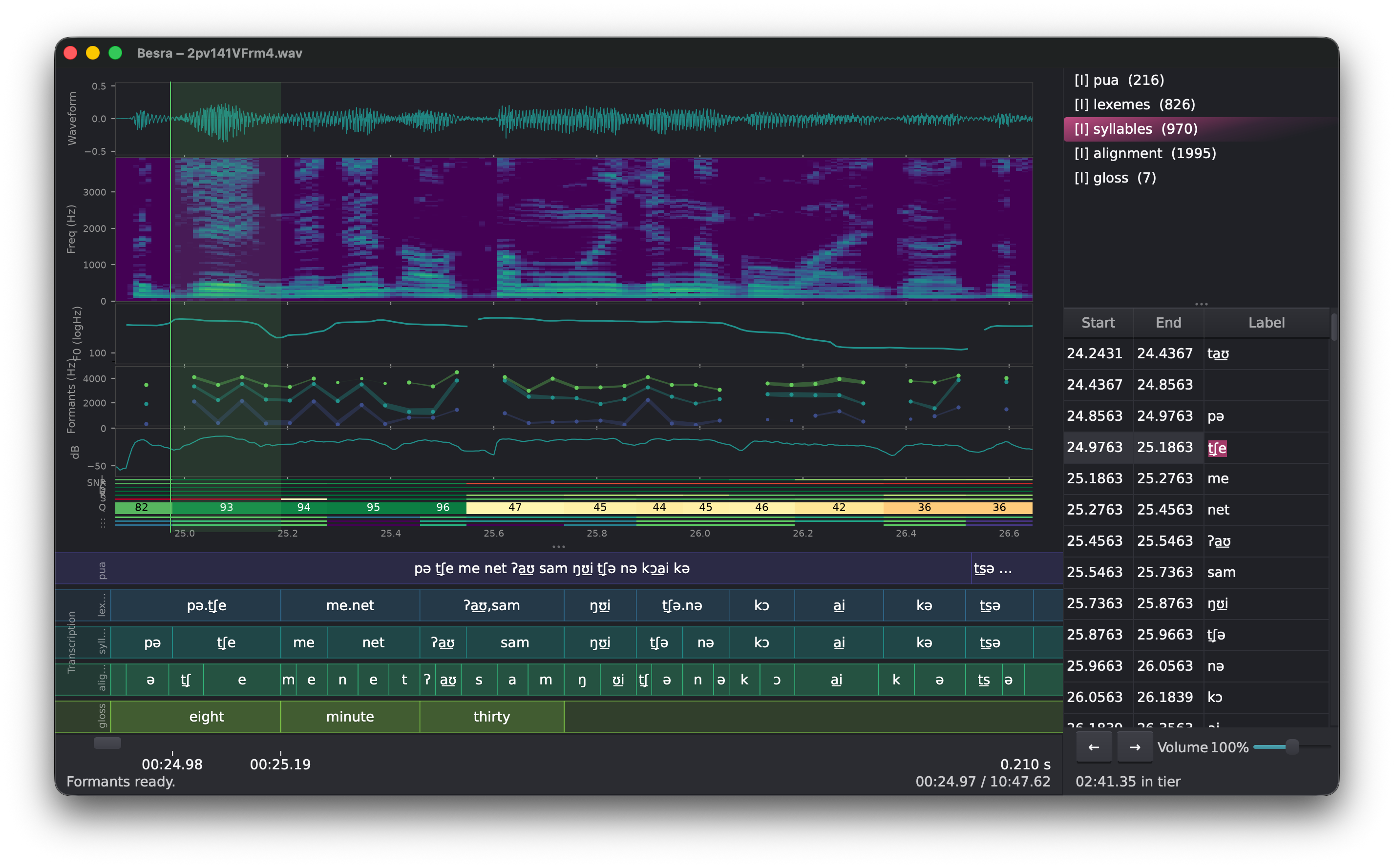 The Besra window: waveform, spectrogram, pitch, formants and amplitude above four annotation tiers, with the interval list on the right.